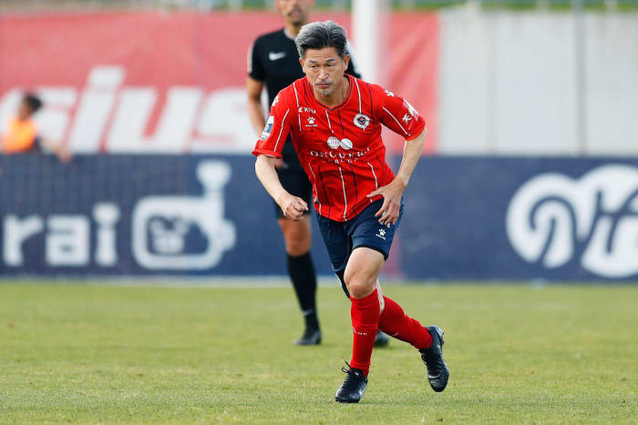 Kazuyoshi Miura pictured aged 56 playing for Oliveirense in Portugal's second division in May 2023